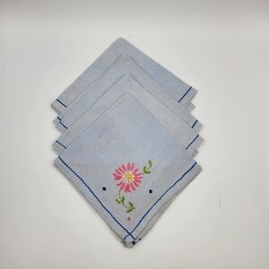 Vintage Blue Floral Cross-Stitch Cocktail Napkins - set of 4